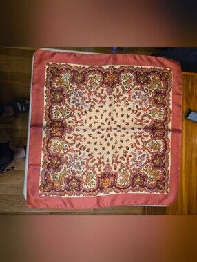 Floral Paisley Square Silk-Feel Scarf in Coral and Cream